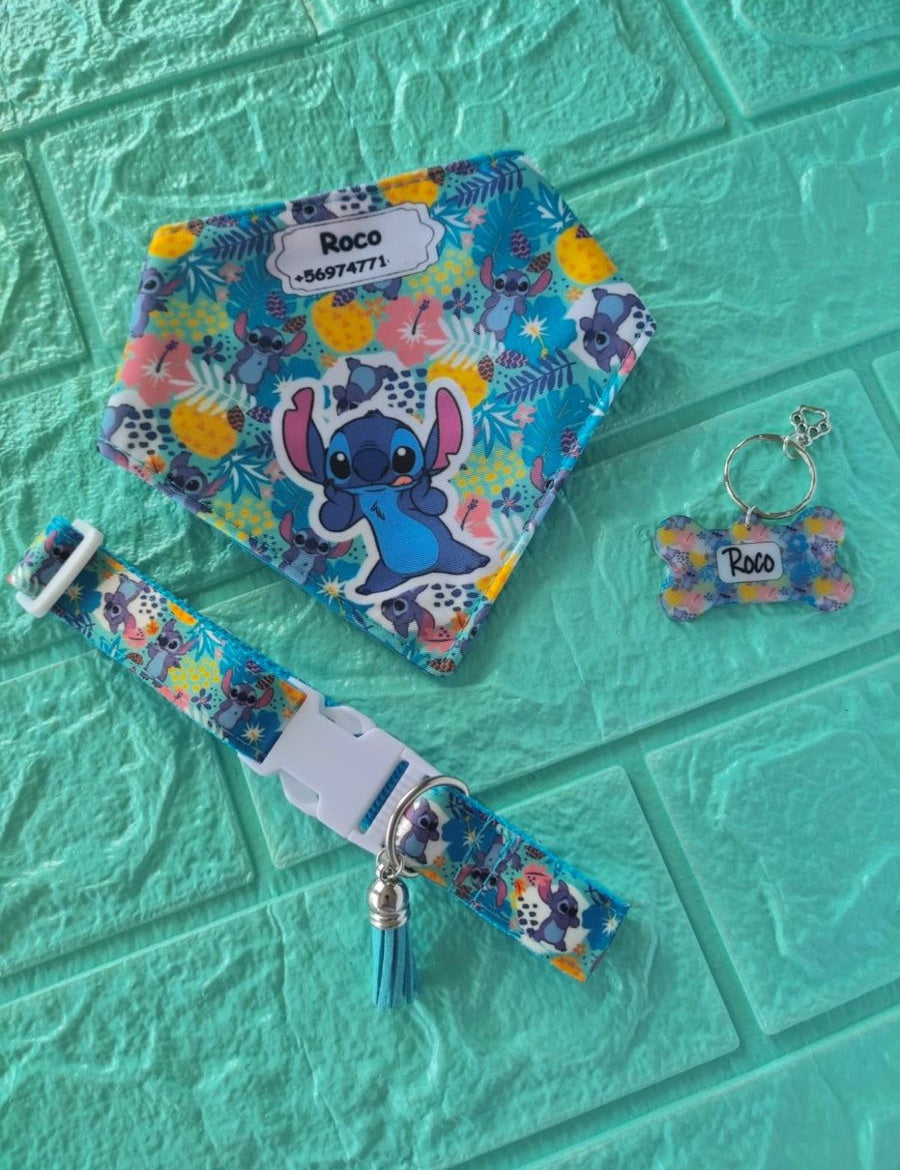 Box Bandana + Collar + Placa de identificación  STITCH - Más de 20 diseños!